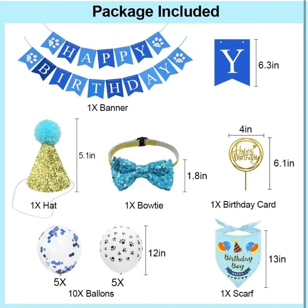 Dog Blue Bandana Set with Hat, Scarf, Banner, Balloons and Bowtie